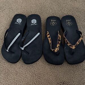 Yellow Box Black Flip Flops with Rhinestones and Reef Leopard Print